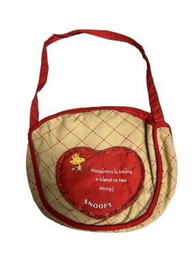 Vintage Snoopy Woodstock Purse Tan Red Heart Patch Happiness Knickerbocker